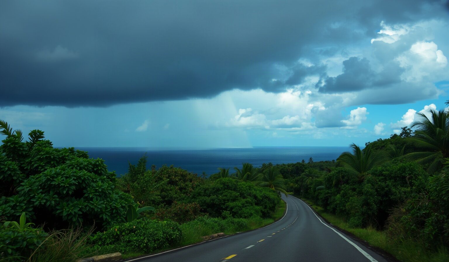 Averse tropicale sur une route côtière, rideau de pluie au loin