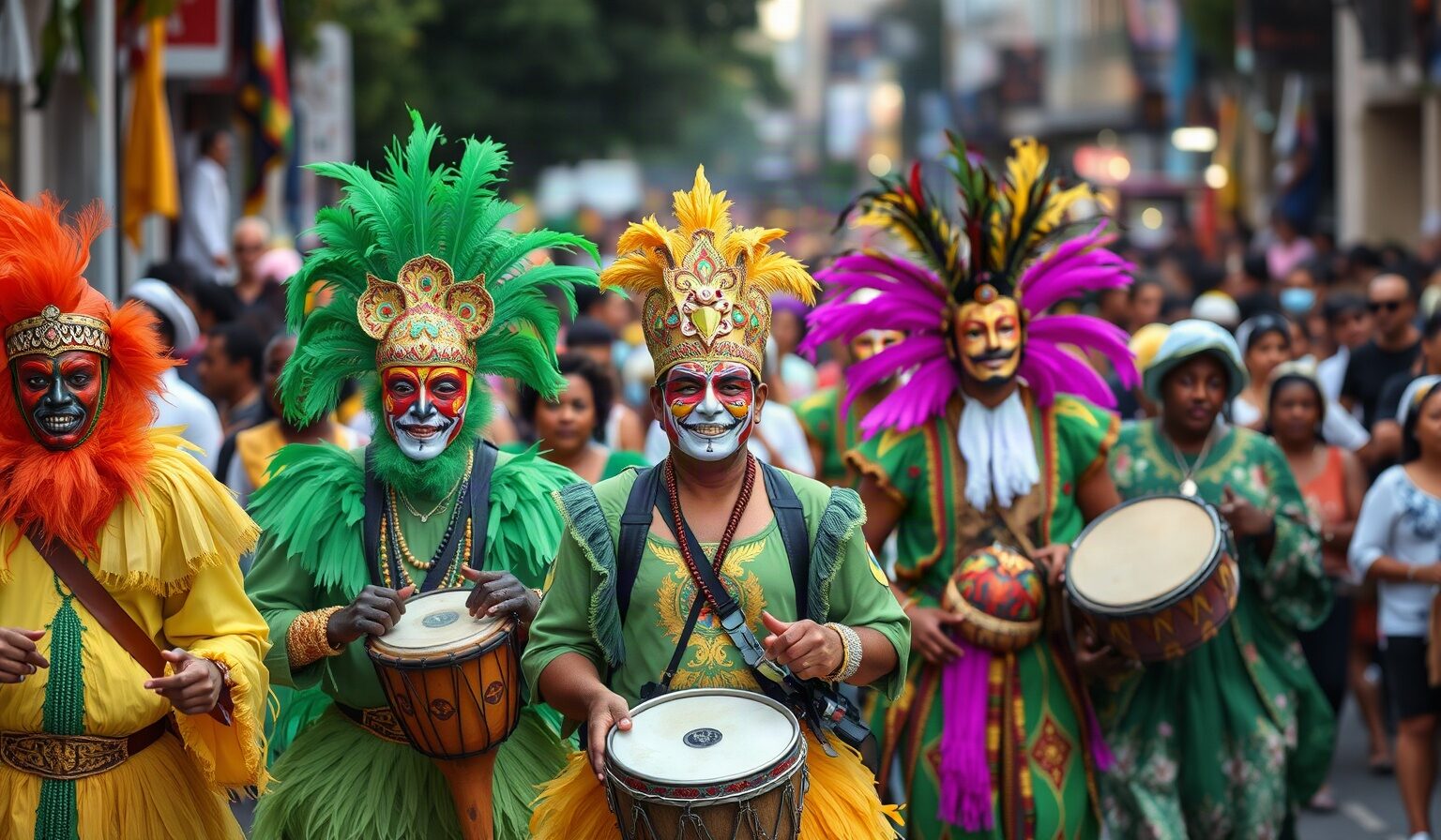 Groupe de carnaval en costumes colorés et masques, tambours au premier plan