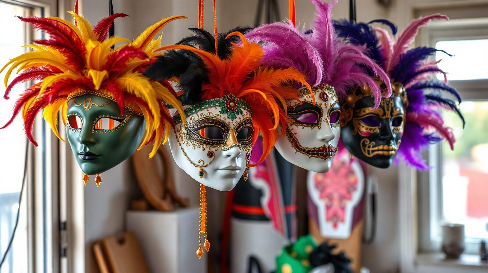 Masques et costumes créoles dans un atelier, plumes et tissus colorés