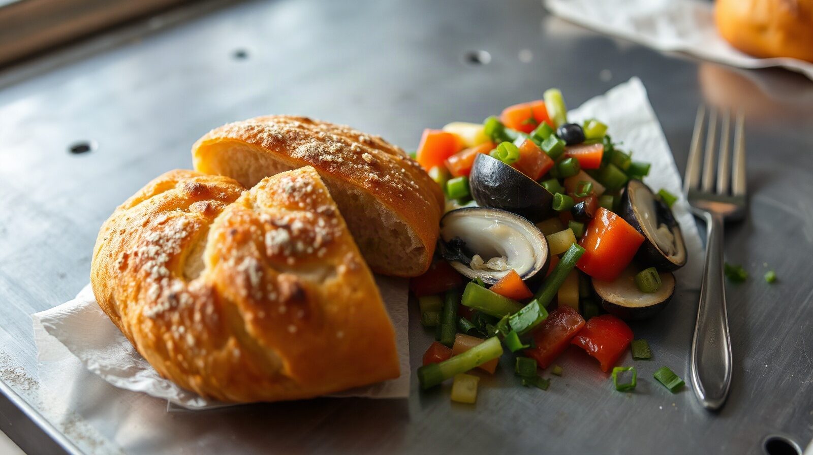 Bokit coupé, pain frit doré garni de morue et de légumes