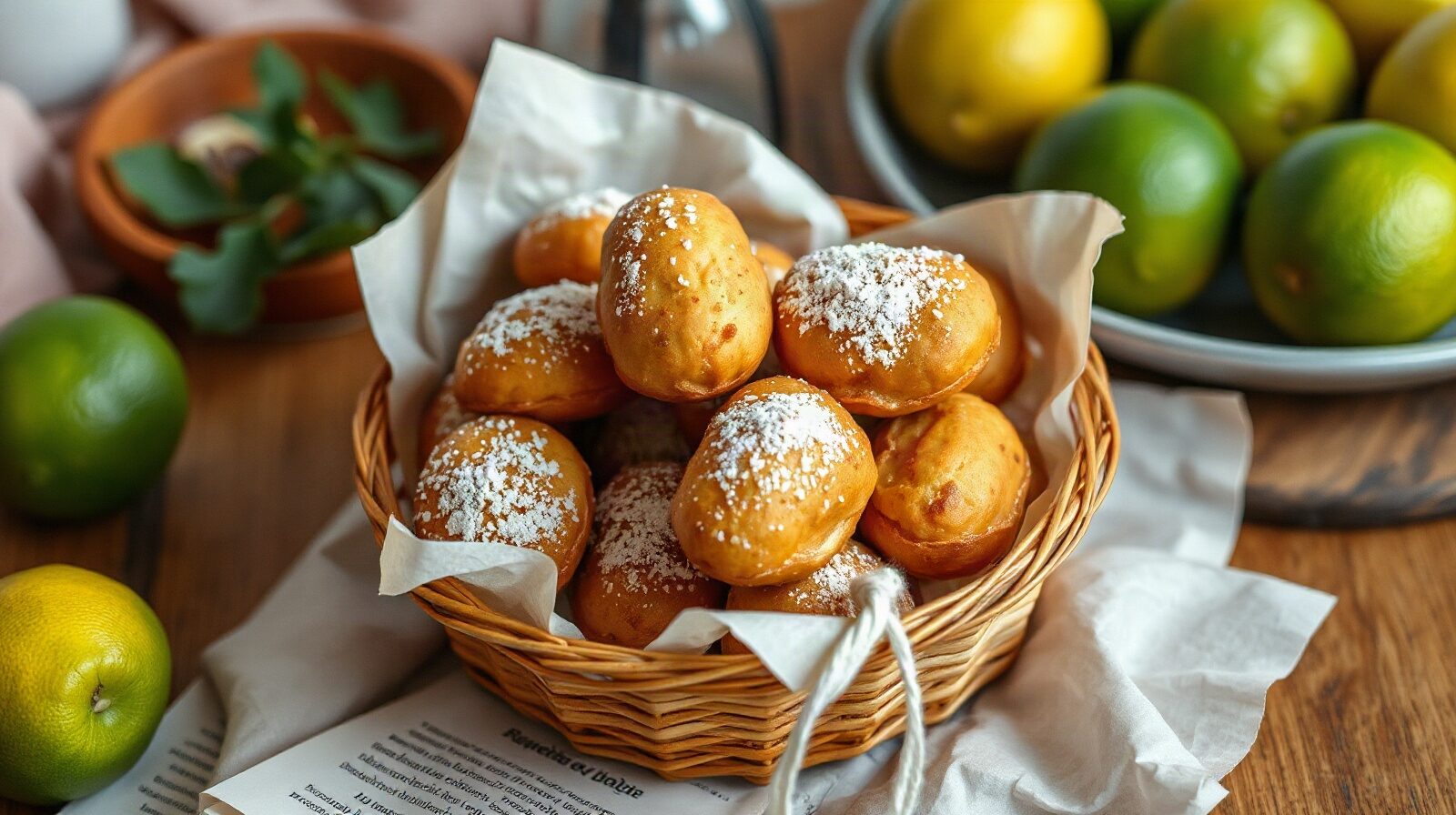 Beignets de morue dorés dans une corbeille en osier avec citron vert