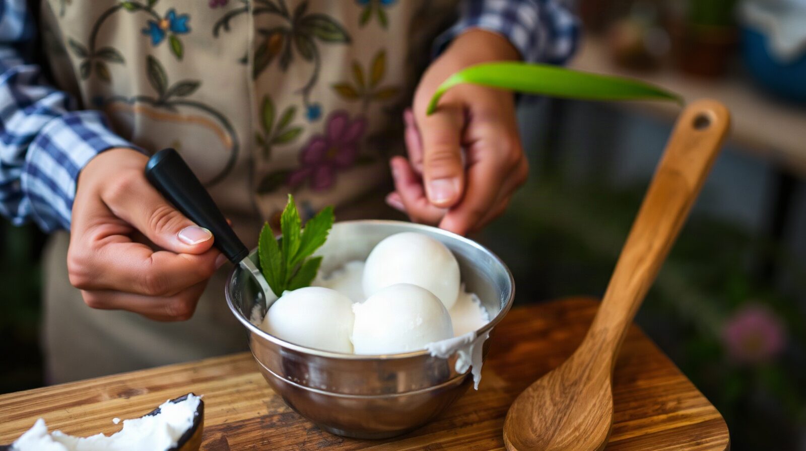 Sorbet coco tourné à la main dans un seau en métal