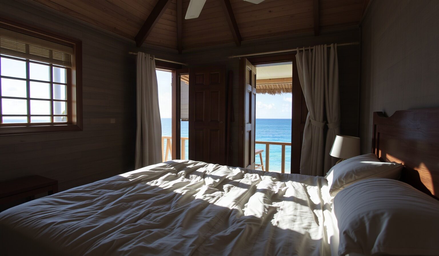 Intérieur de location, lit défait et volet ouvert sur la mer