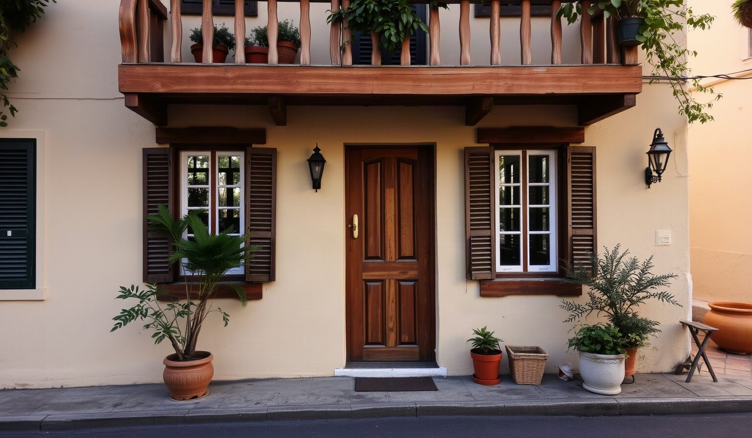Maison créole avec véranda et plantes en pot
