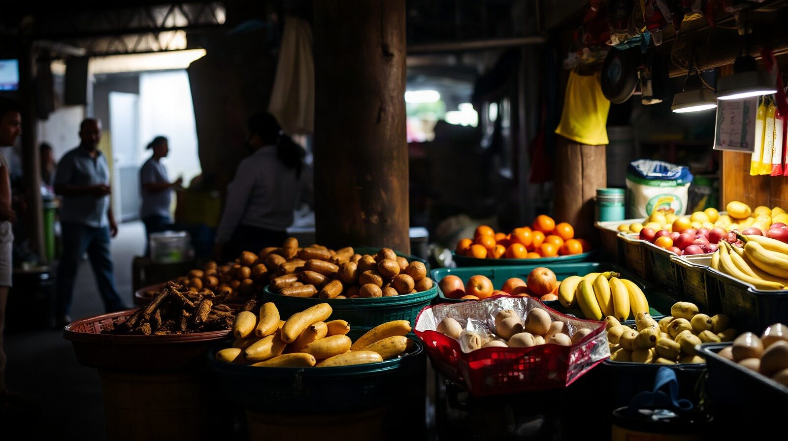 Étal de marché antillais au petit matin, paniers d'ignames, patates douces et bananes plantain