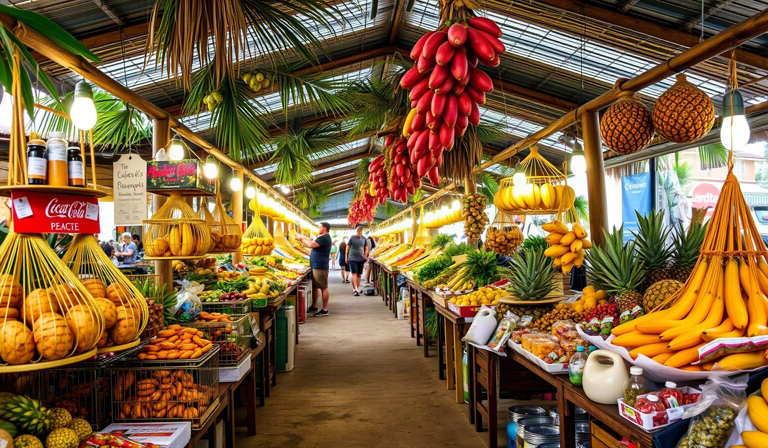 Cagettes de fruits tropicaux, ananas, mangues et goyaves sur un marché couvert