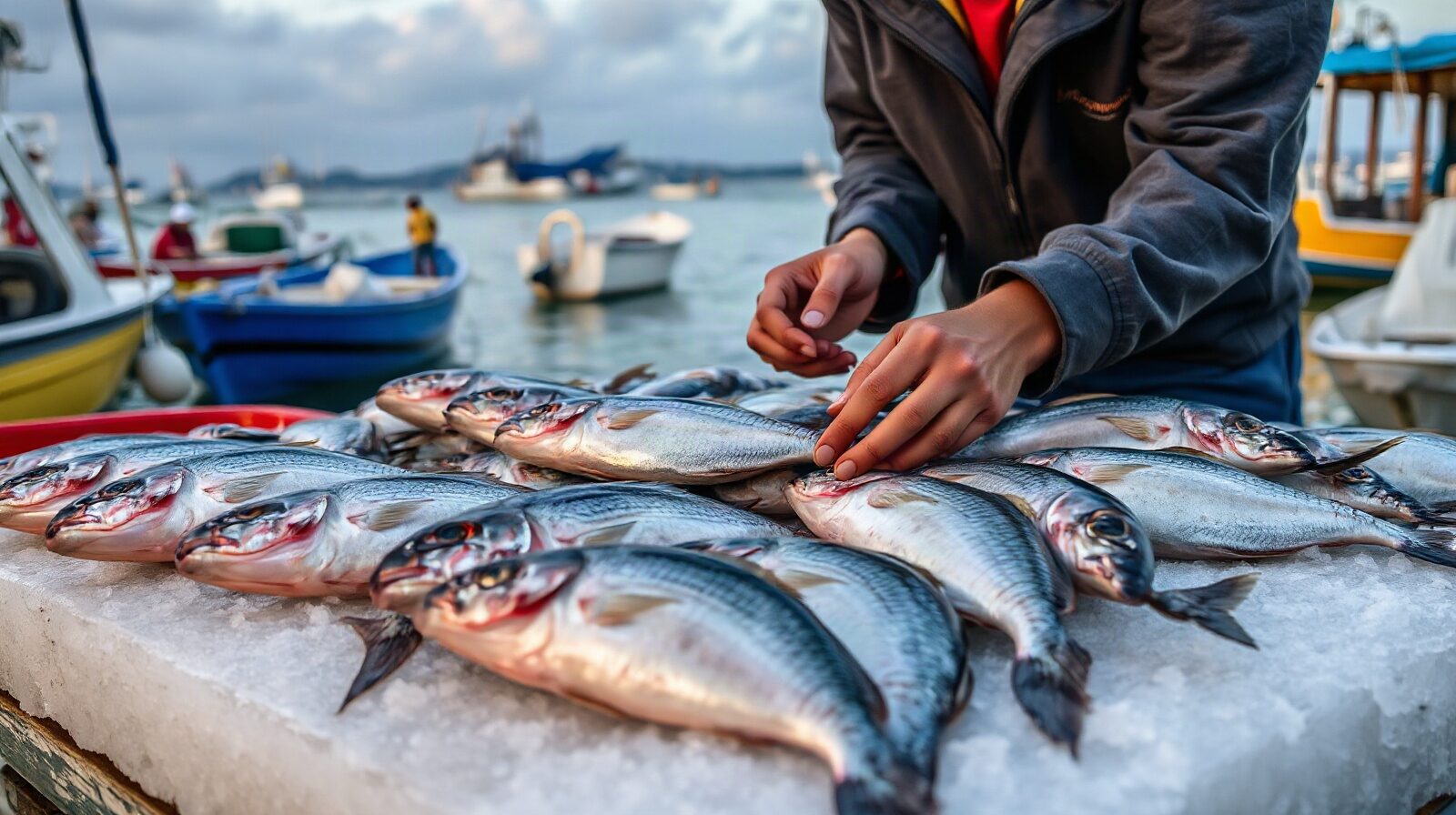 Poissons frais sur glace dans un marché de bord de mer
