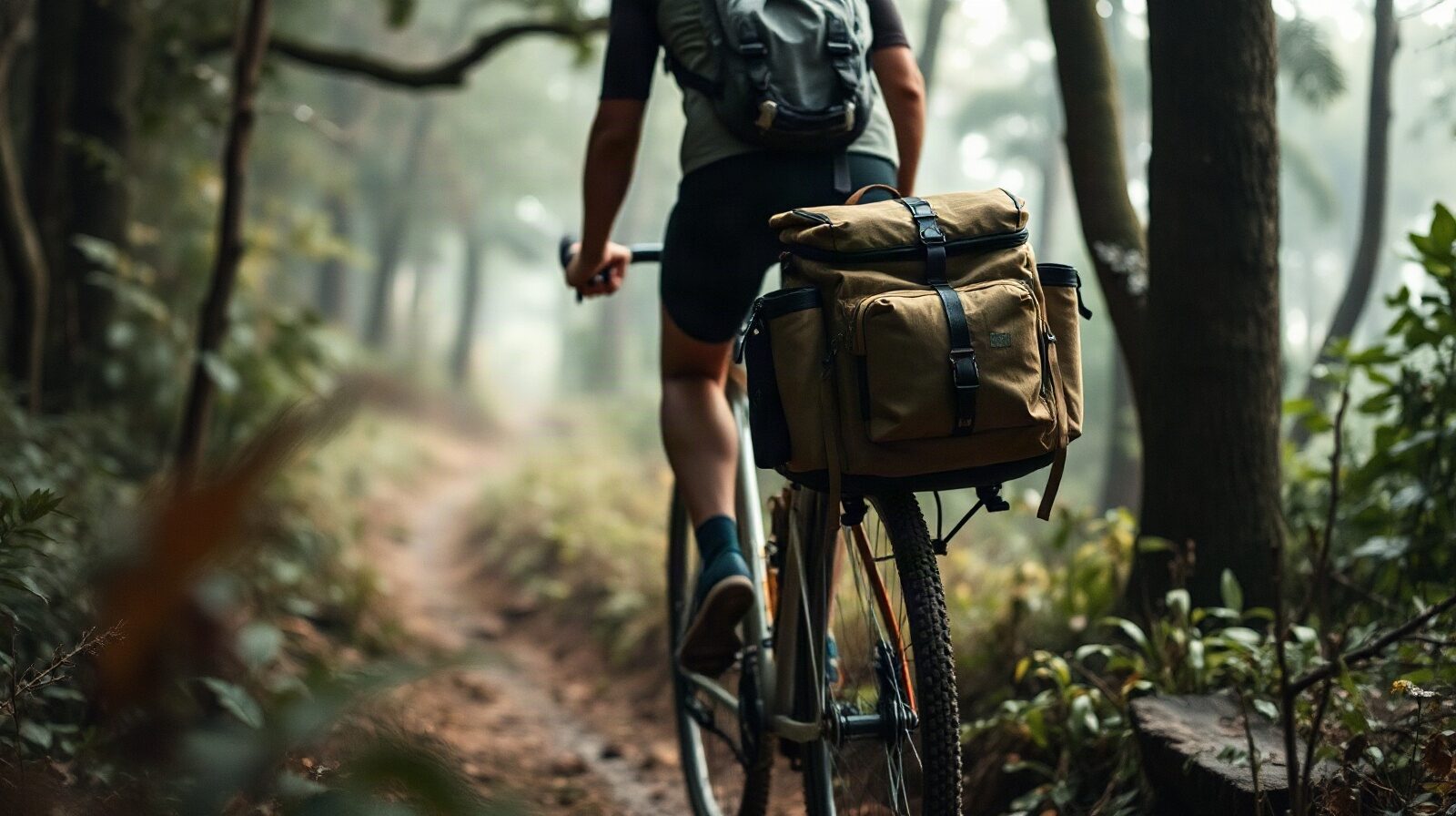 Randonneur de dos gravissant une pente raide en forêt humide