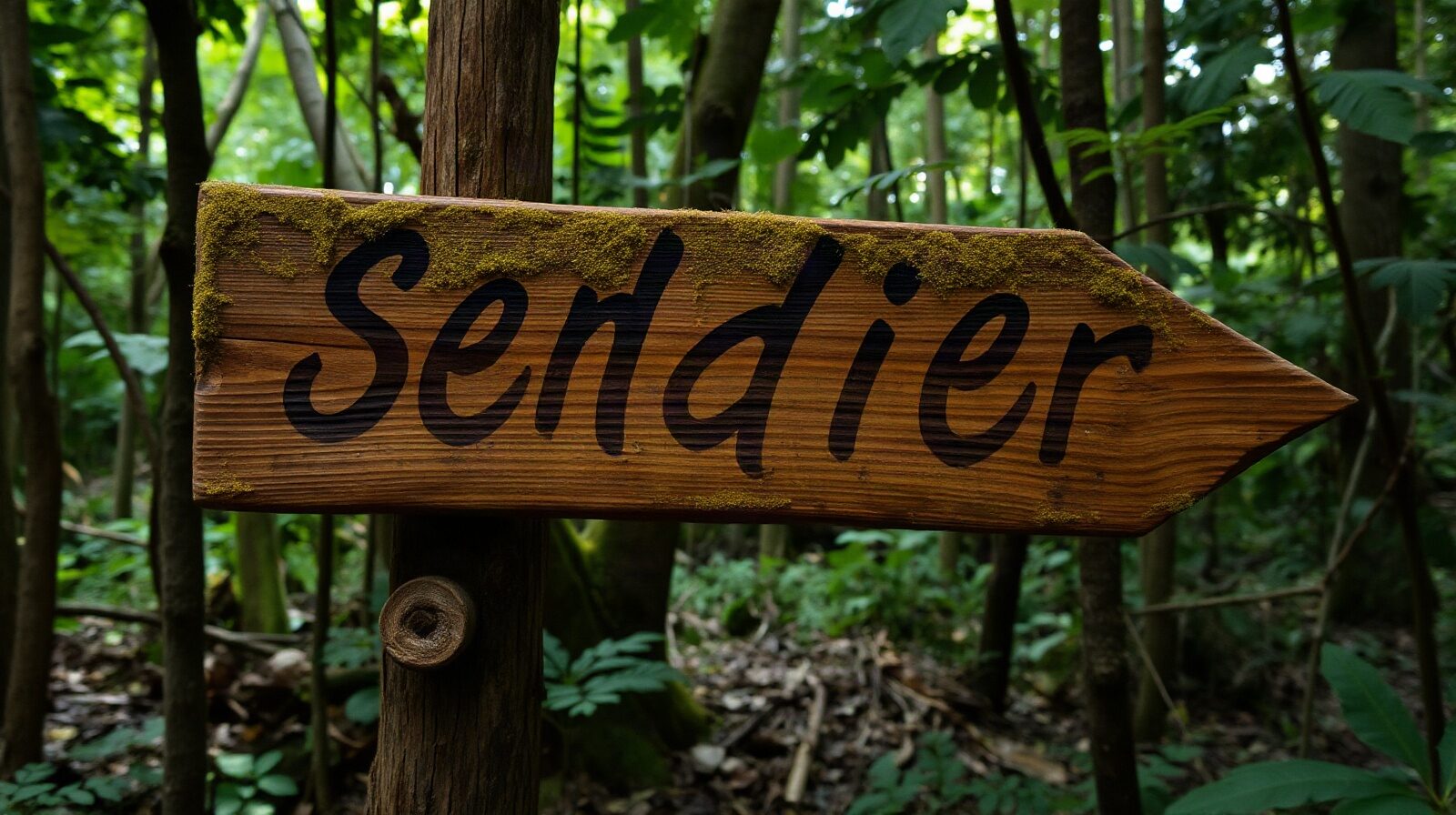 Panneau de sentier en bois moussu dans le sous-bois tropical