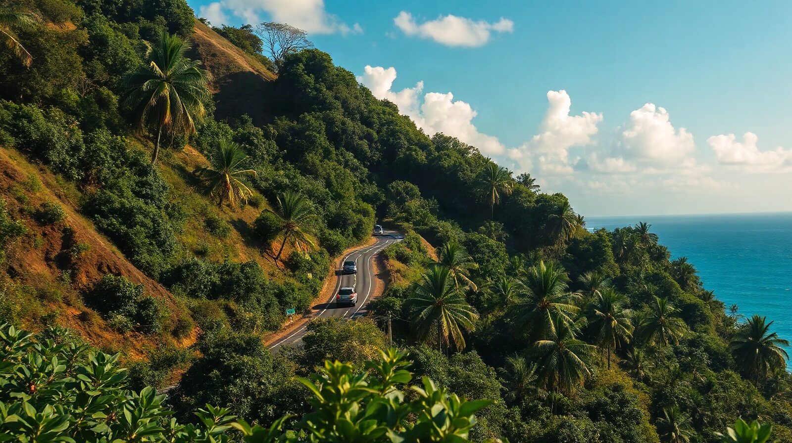 Route côtière sinueuse, virage serré et végétation dense