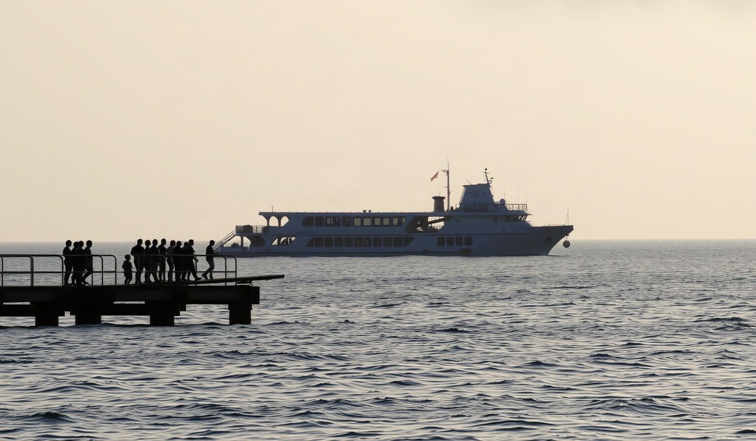 Ferry à quai, rampe de débarquement et mer calme