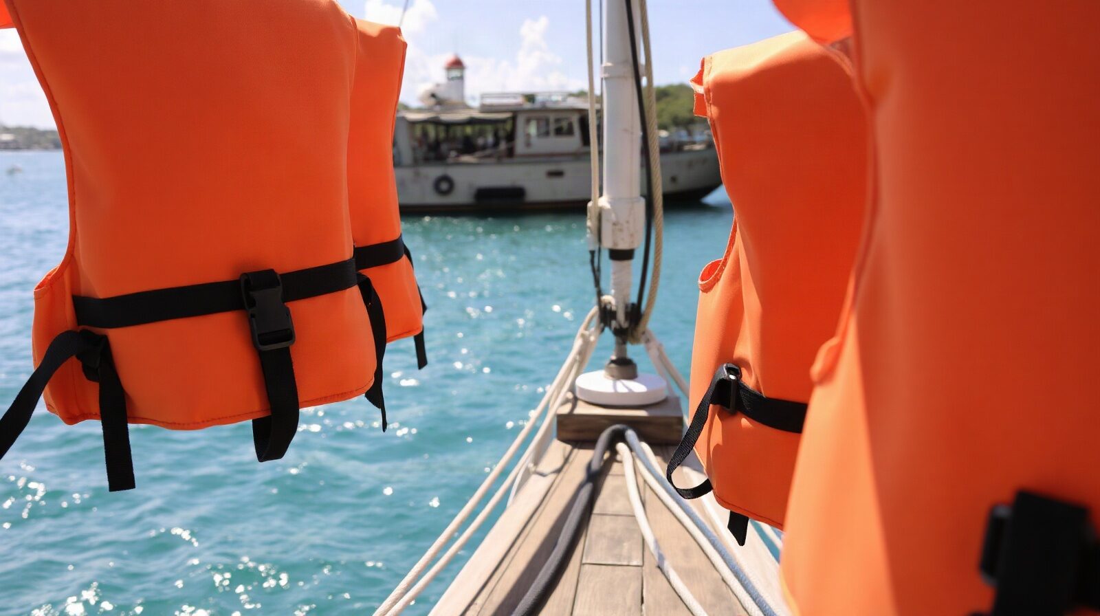 Gilets de sauvetage rangés sur le pont d'un bateau, mer turquoise derrière