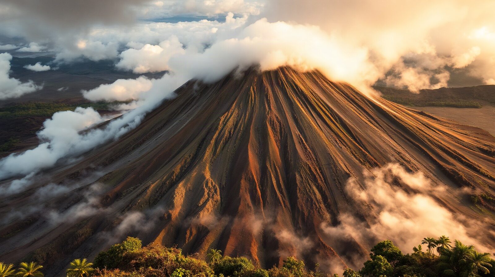 Sommet volcanique avec fumerolles et paroi rocheuse ocre