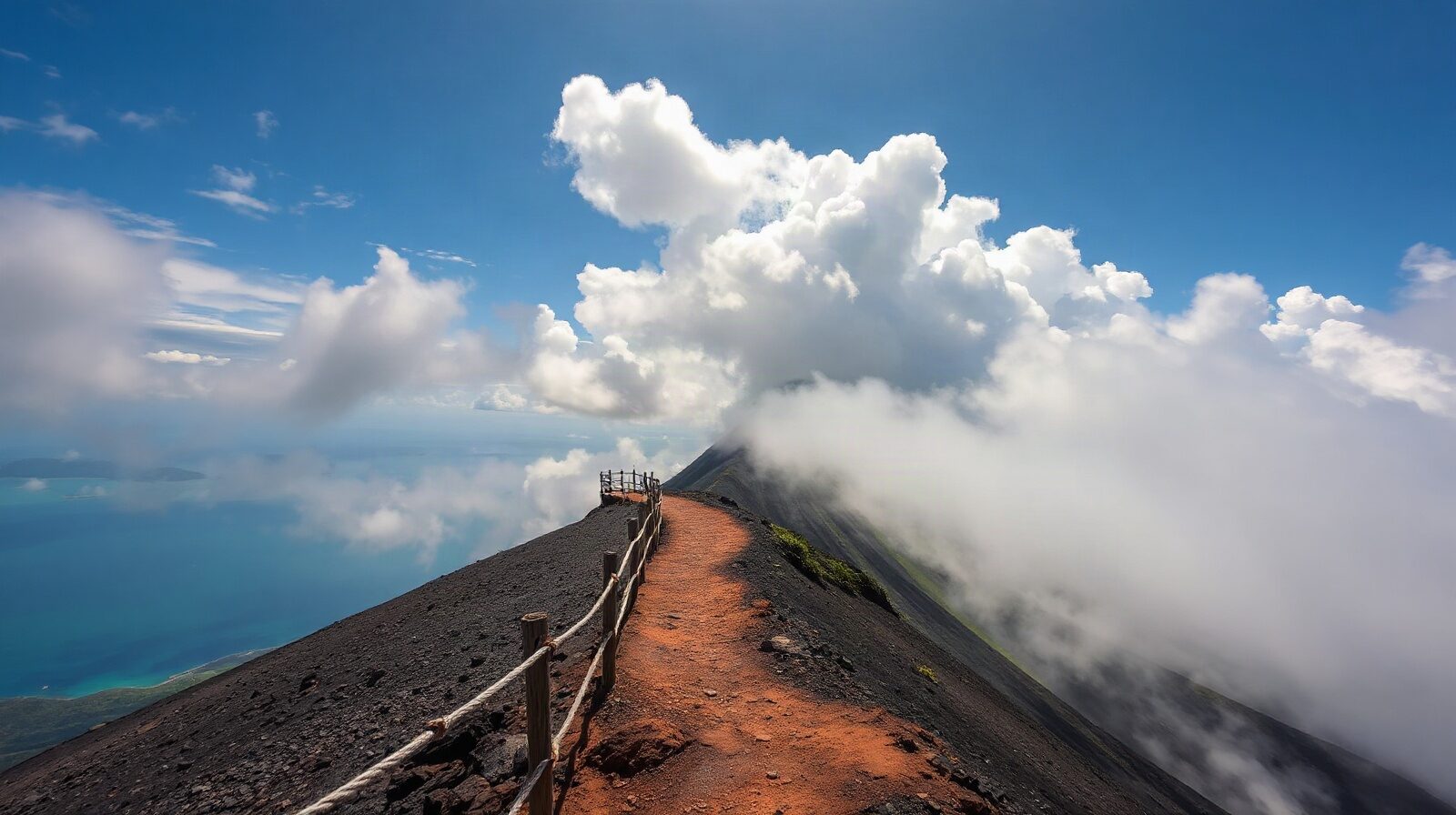 Sentier de crête vers le volcan, sol clair et barrière de sécurité