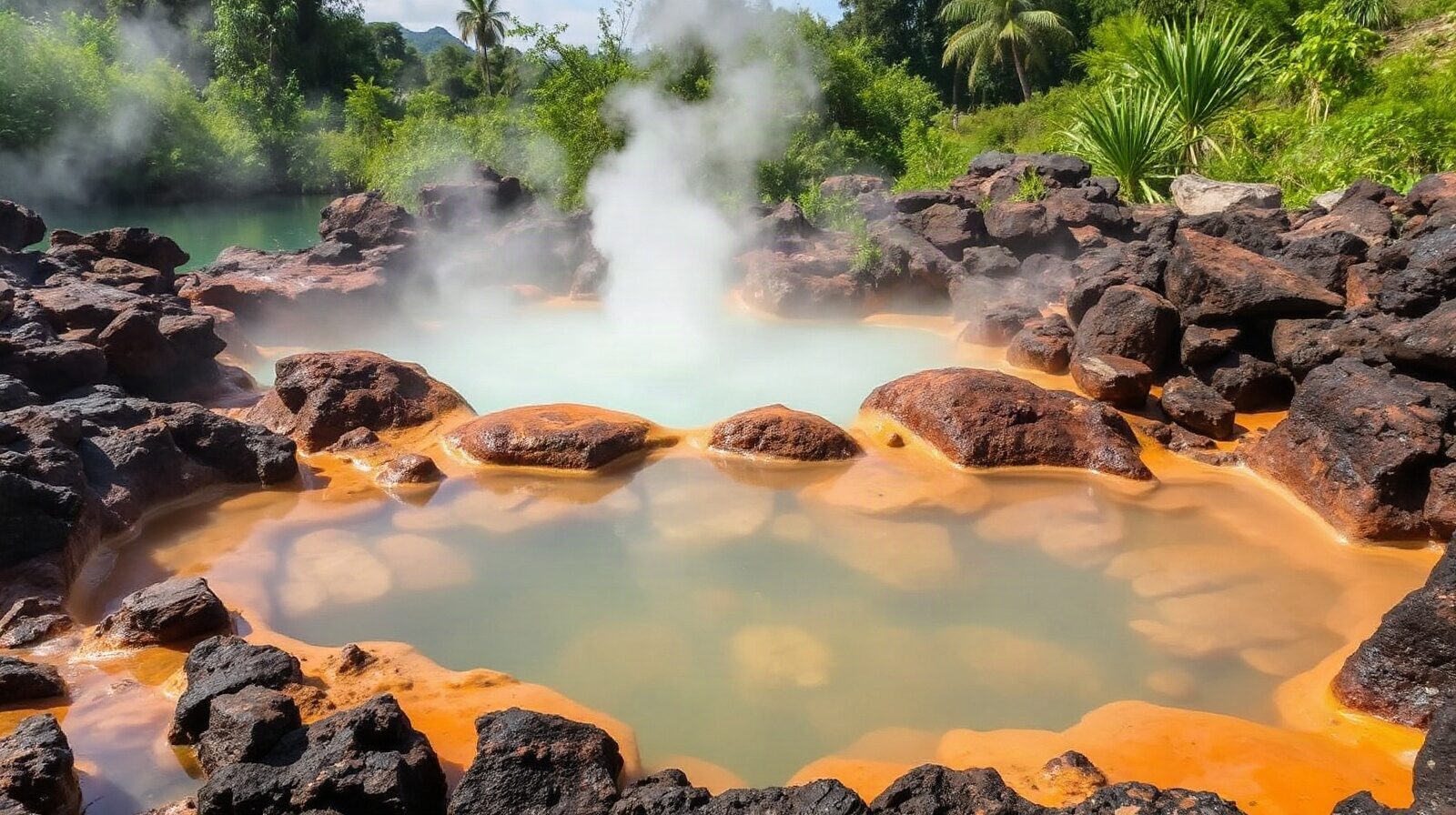 Bassin bouillonnant de source chaude volcanique, vapeur et roches soufrées